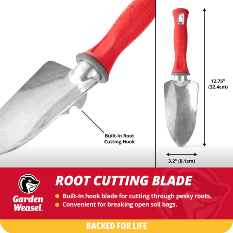Garden Weasel trowel dirt-scraping edge keeps planters clean.