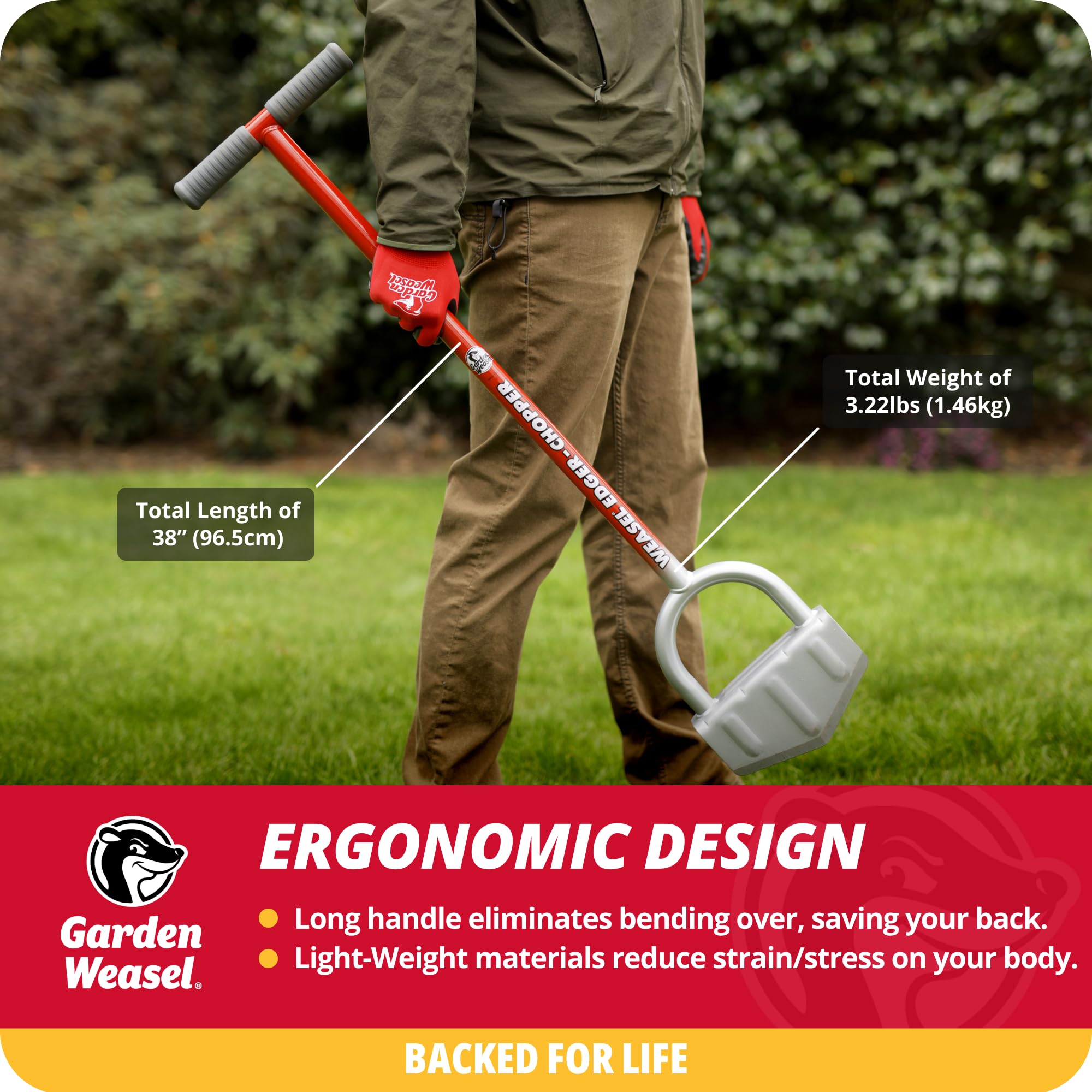Garden Weasel Edger-Chopper cutting through small roots for quicker edging.