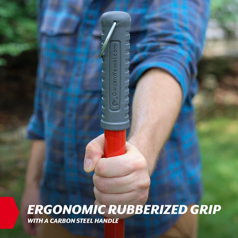 Garden Weasel ergonomic handle with cushioned grip during yard cleanup.