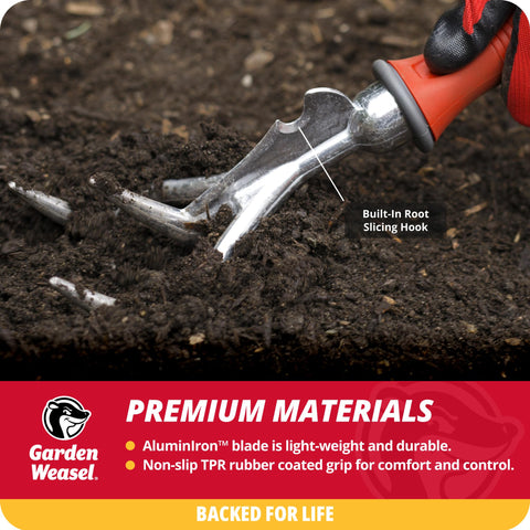 Garden Weasel ergonomic, non-slip handle supports comfortable use.