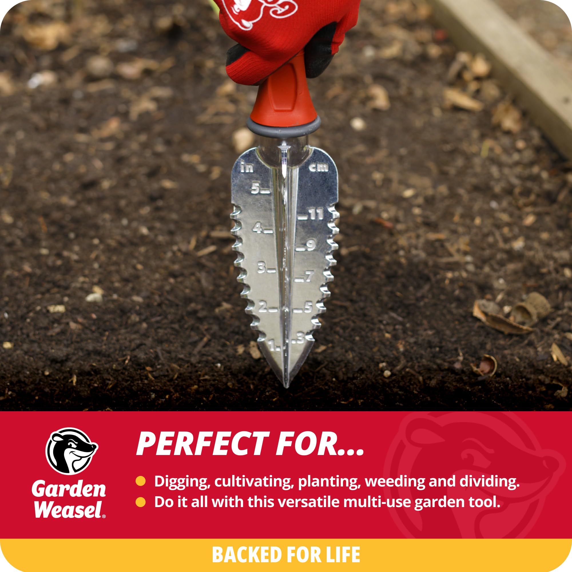 Garden Weasel multi-use transplanter cultivates soil to loosen compacted areas for roots.