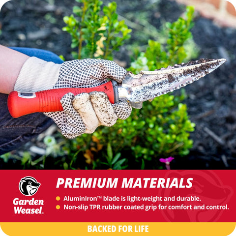 Garden Weasel multi-use transplanter weeds with serrated edges for clean cuts.