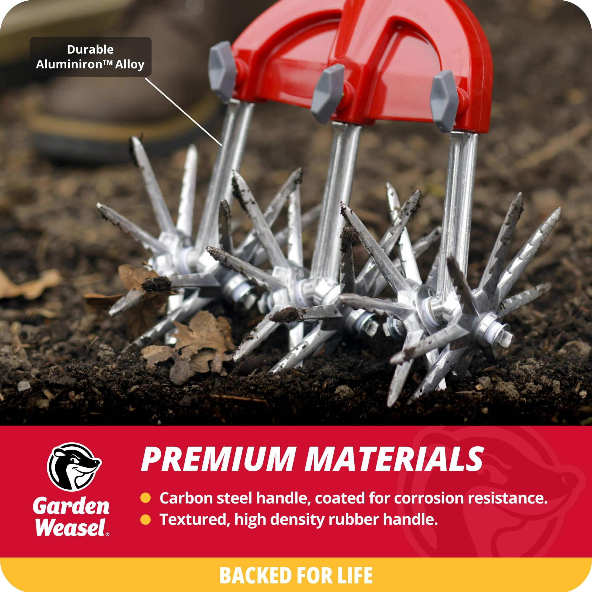 Garden Weasel tool closeup exhibits premium materials built for decades.