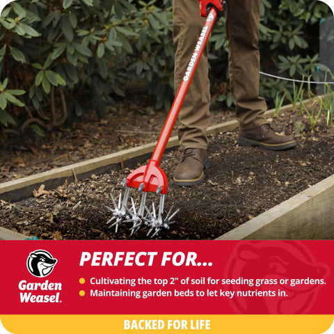 Garden Weasel in use on a lawn for efficient weed control and reseeding prep.