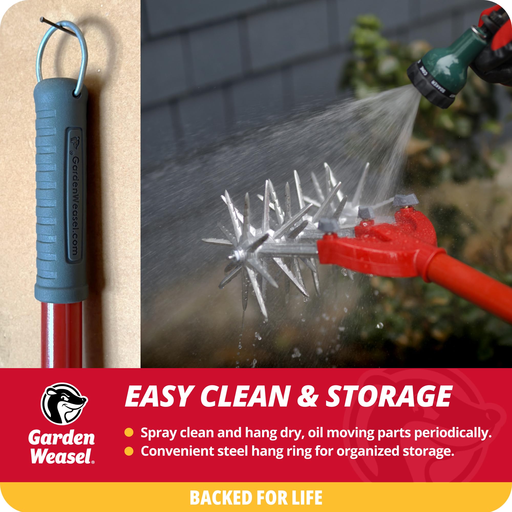Garden Weasel with wheel removal feature enables easier access near plants.