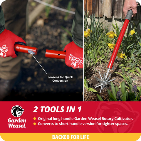 Garden Weasel rotary cultivator closeup on tilled soil highlights durable blade wheels.