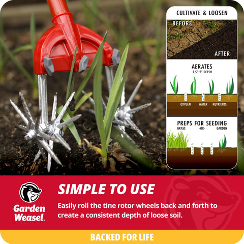 Garden Weasel soil prep scene demonstrates fast aeration and soil loosening.