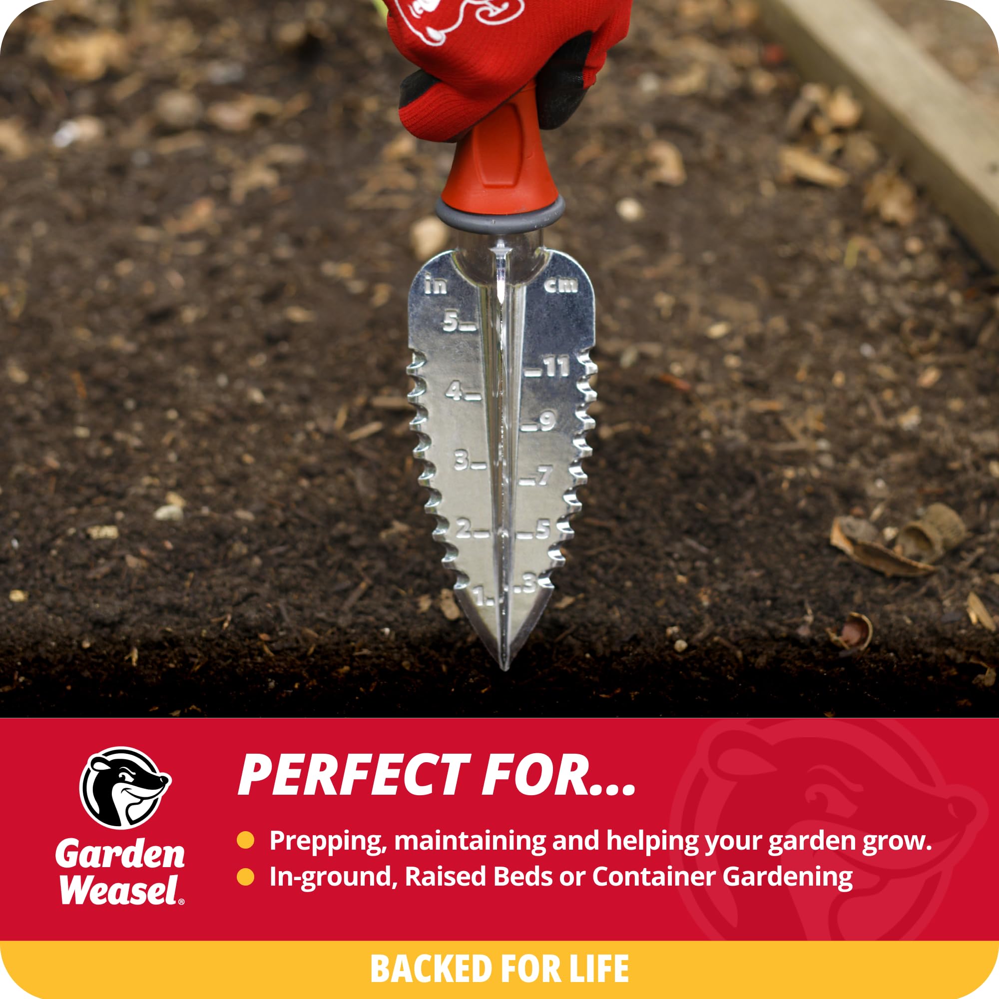 Garden Weasel transplanter with depth gauge for accurate seedling placement.