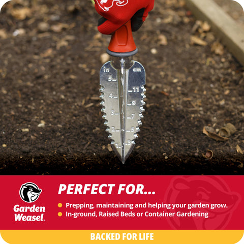 Garden Weasel transplanter with depth gauge for accurate seedling placement.