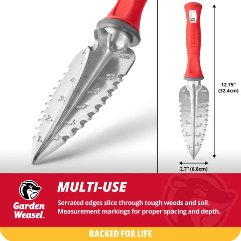 Garden Weasel transplanter depth gauge demonstrated for accurate planting depth.