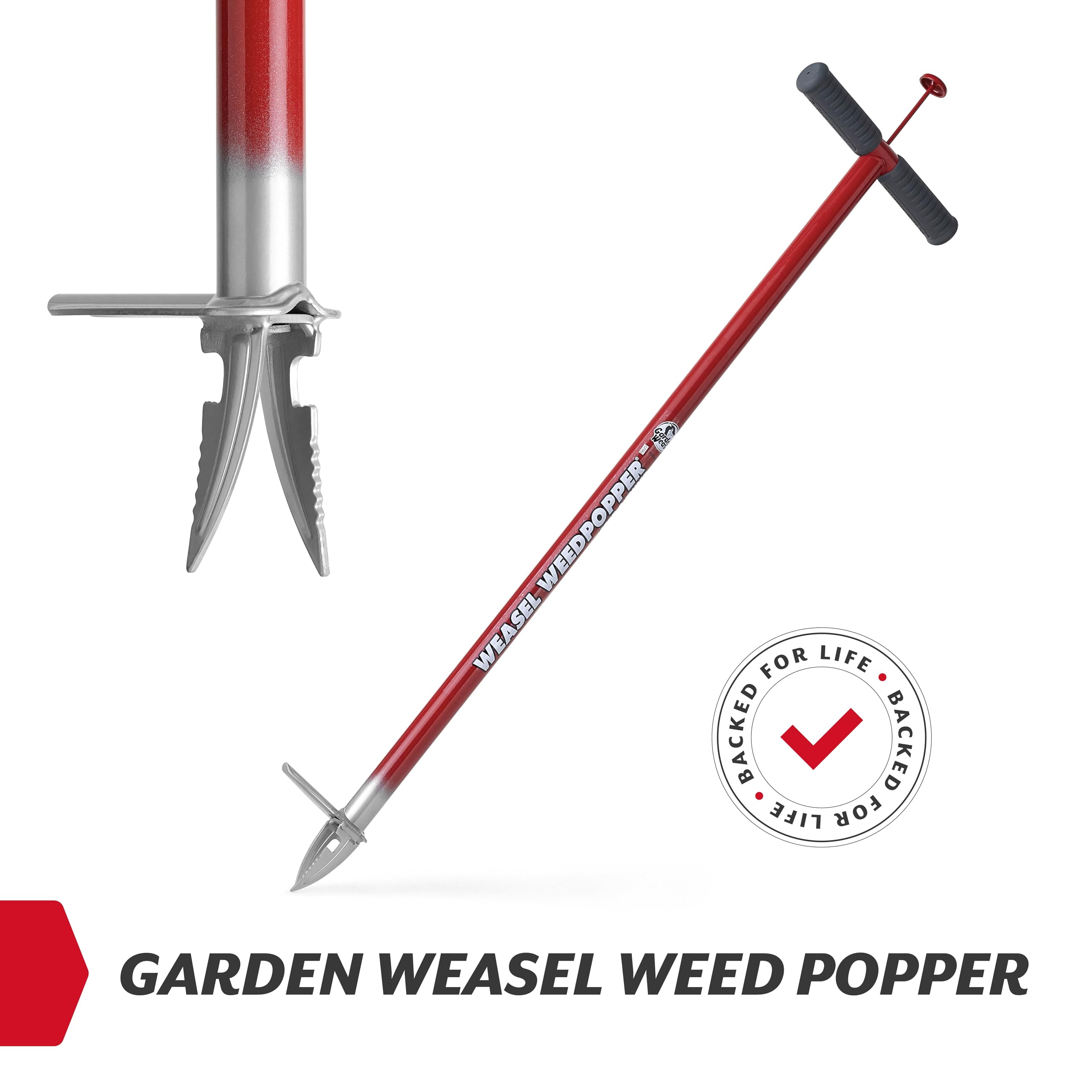 Garden Weasel WeedPopper ejector clears weed plugs quickly for hands-free removal.