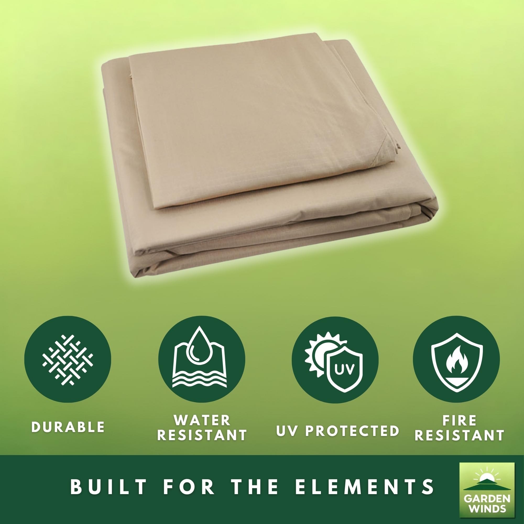 Garden Winds beige canopy top in real-use setting during sunny outdoor gathering.