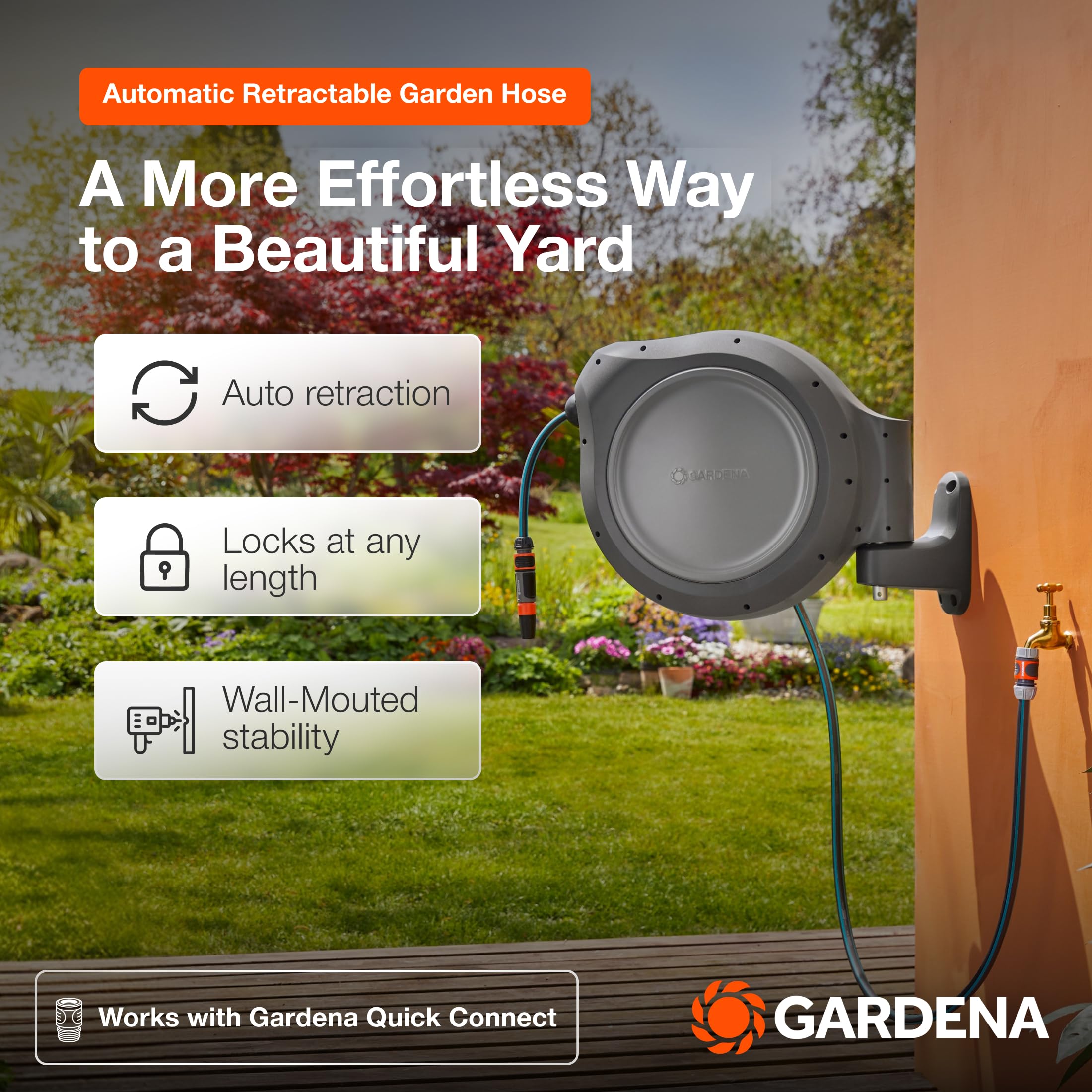 Gardena 100-foot hose close-up showing durable 1/2-inch diameter.