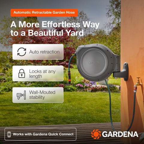 Gardena 100-foot hose close-up showing durable 1/2-inch diameter.