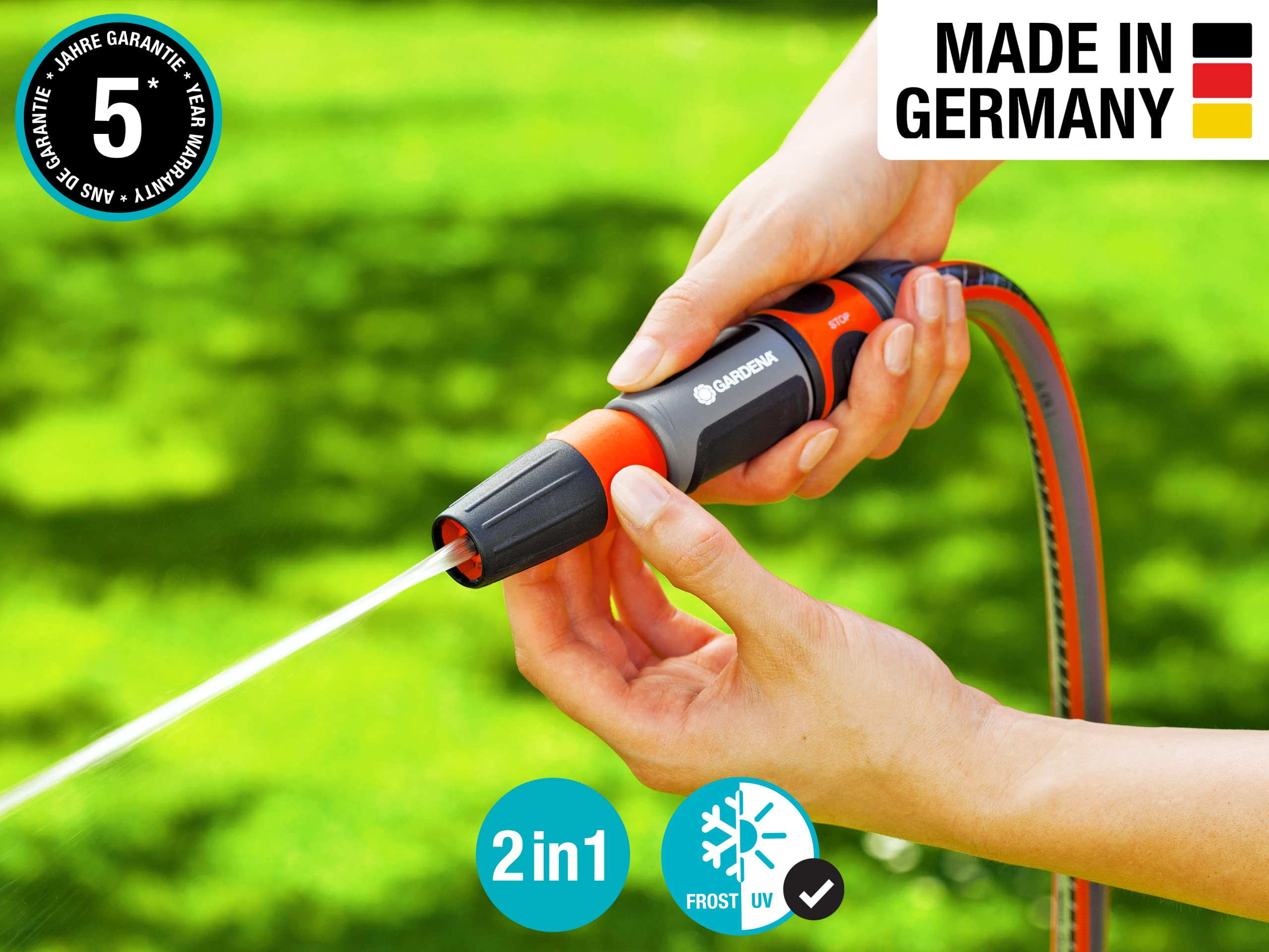 Gardena 37114FP soft grip nozzle for comfortable control during long watering tasks.