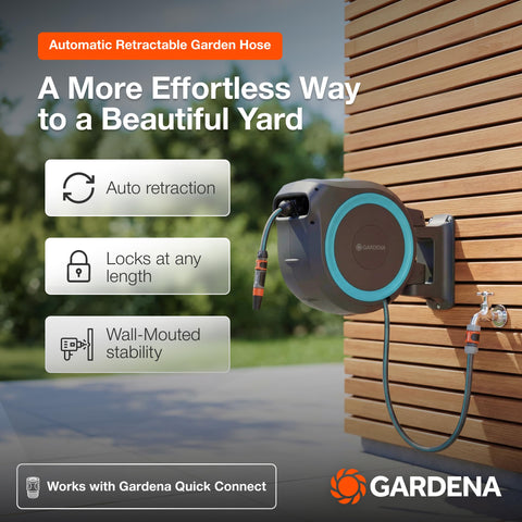 Gardena retractable hose reel demonstrating automatic retraction.