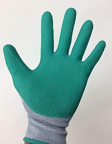Gardena latex gardening gloves shown during planting in garden for protection.