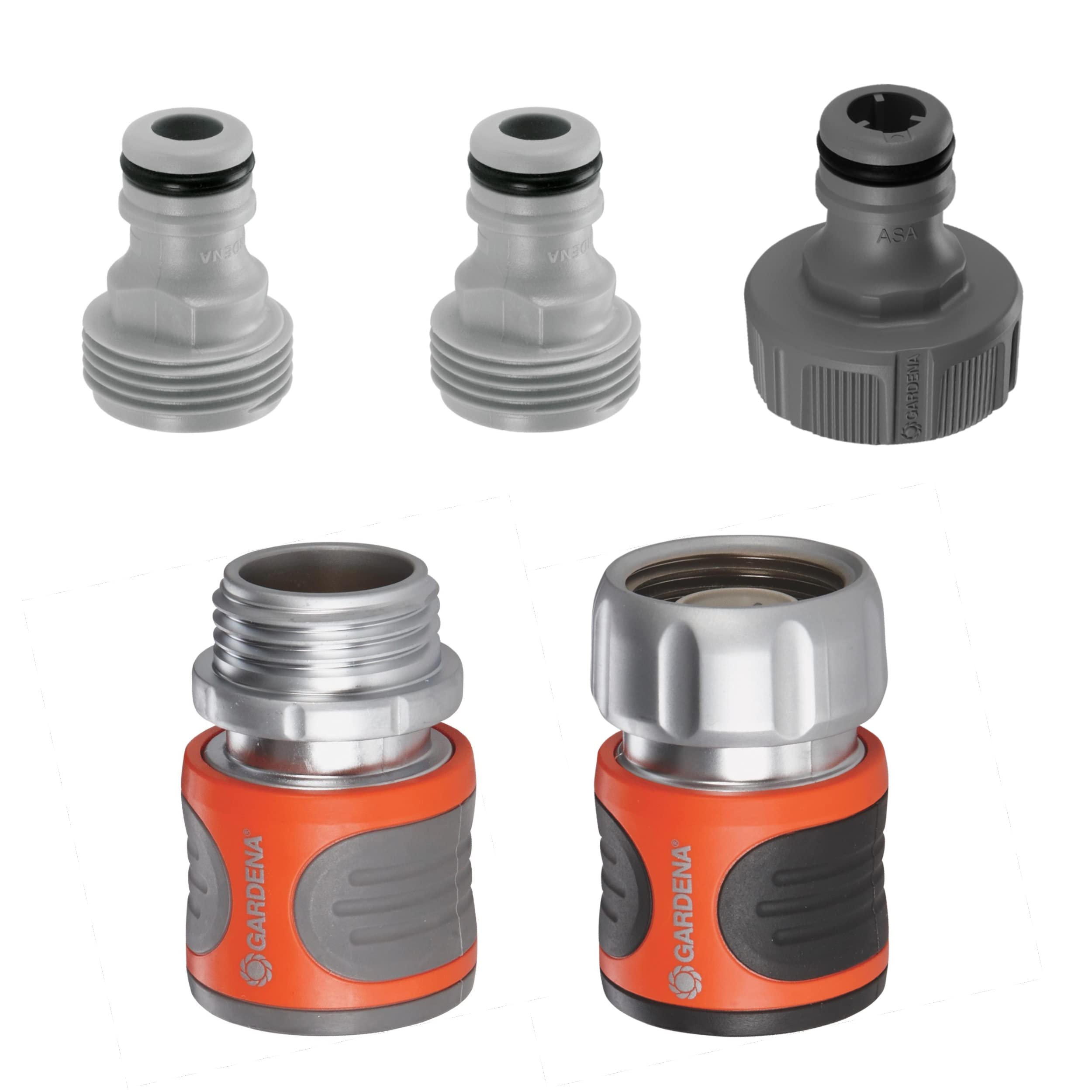 Gardena metal accessory end quick connector water stop enabling instant shutoff.
