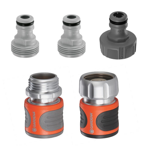 Gardena metal accessory end quick connector water stop enabling instant shutoff.