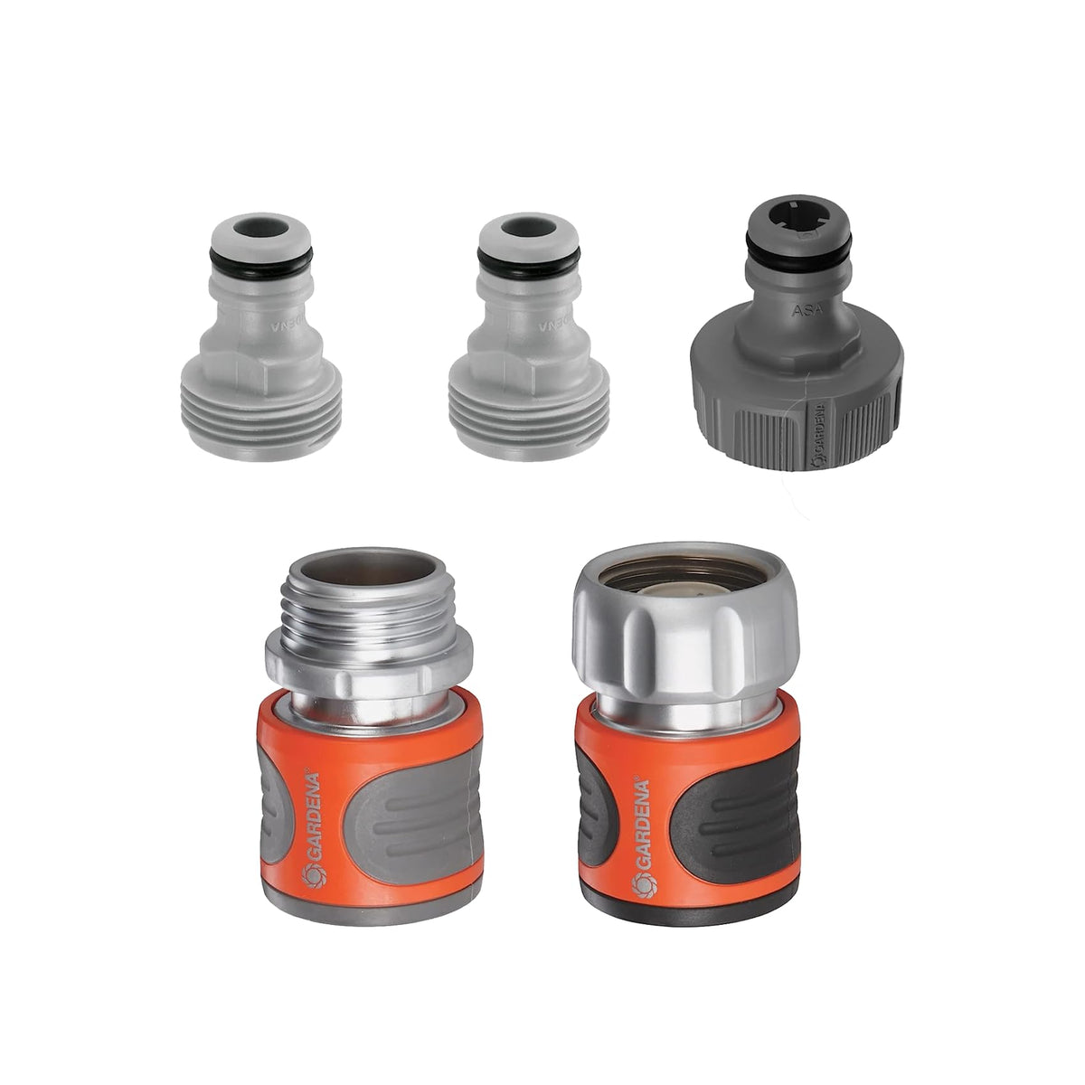Gardena metal quick-connect hose fittings with water stop for leak-free watering.