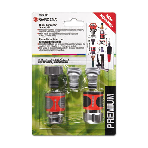 Gardena metal tap end quick connector for easy hose setup.
