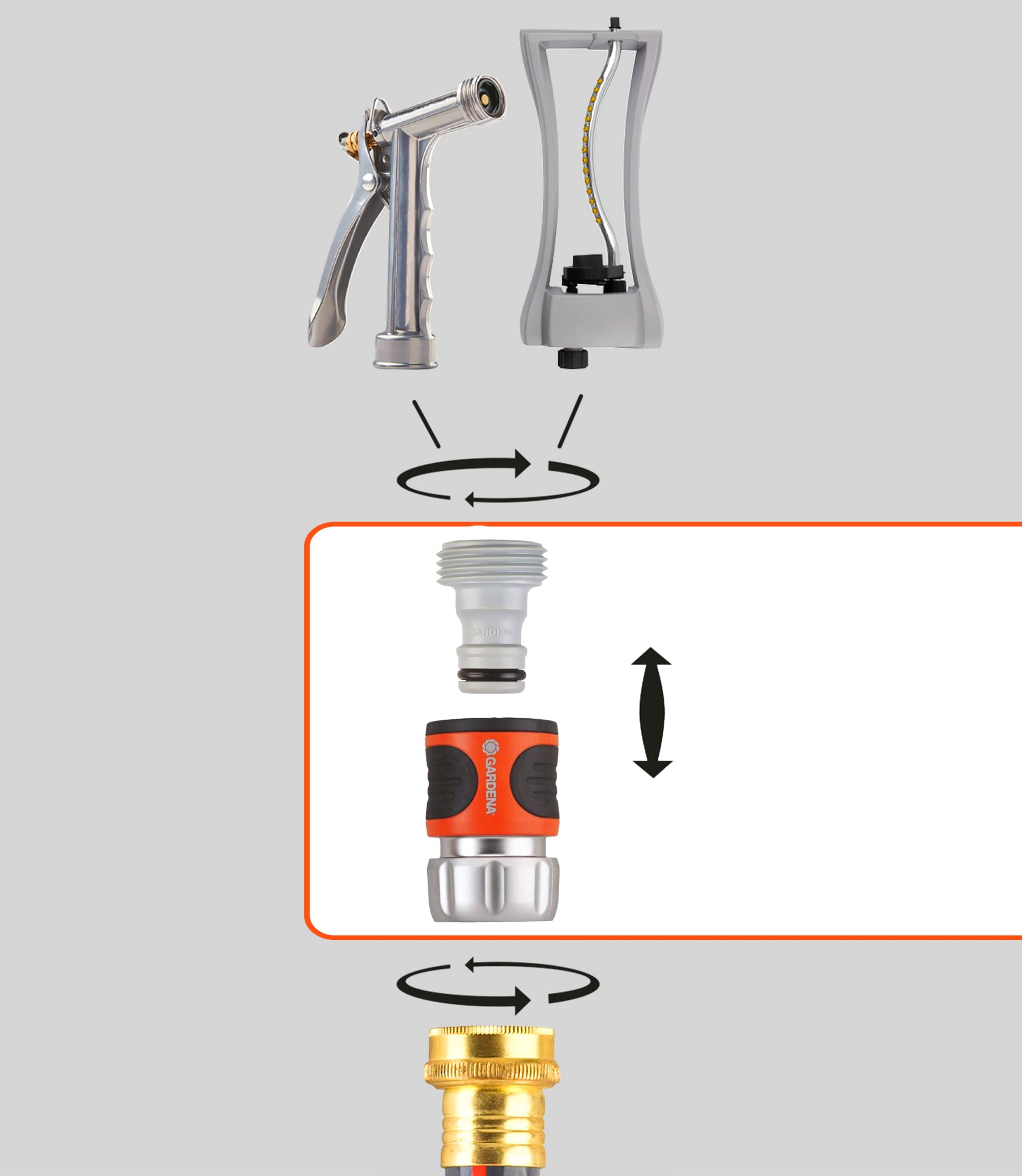 Gardena plastic accessory adapter enables fast integration with sprinklers.