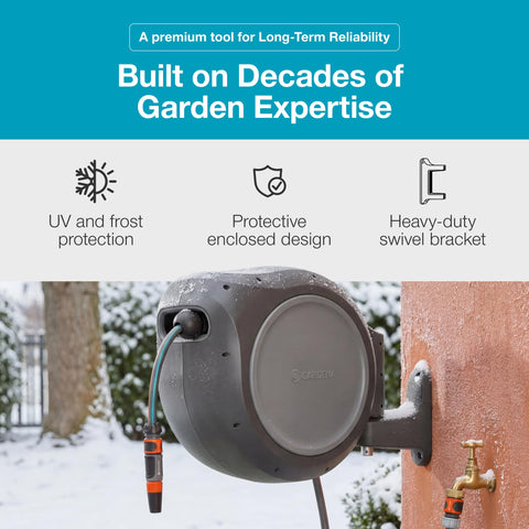 Premium UV-stabilized Gardena hose with double-spiral mesh.