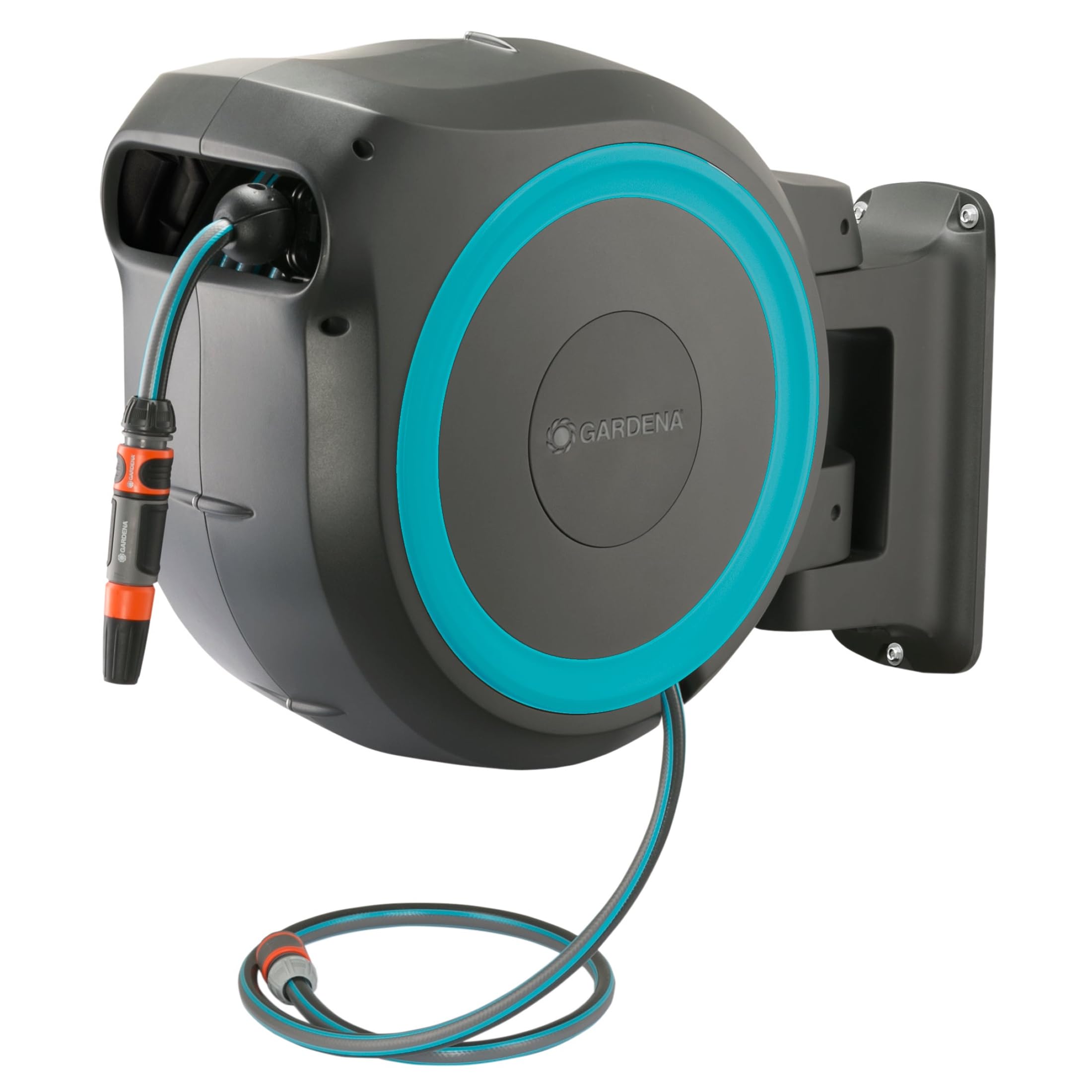 Gardena retractable hose reel wall-mounted for easy garden watering.