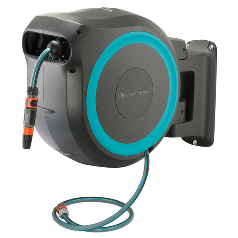 Gardena retractable hose reel wall-mounted for easy garden watering.