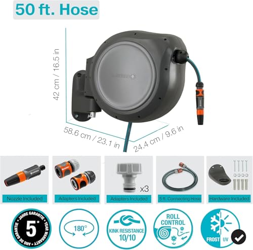 Gardena retractable hose reel assembly with nozzle for efficient watering