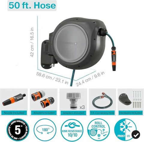 Gardena retractable hose reel assembly with nozzle for efficient watering