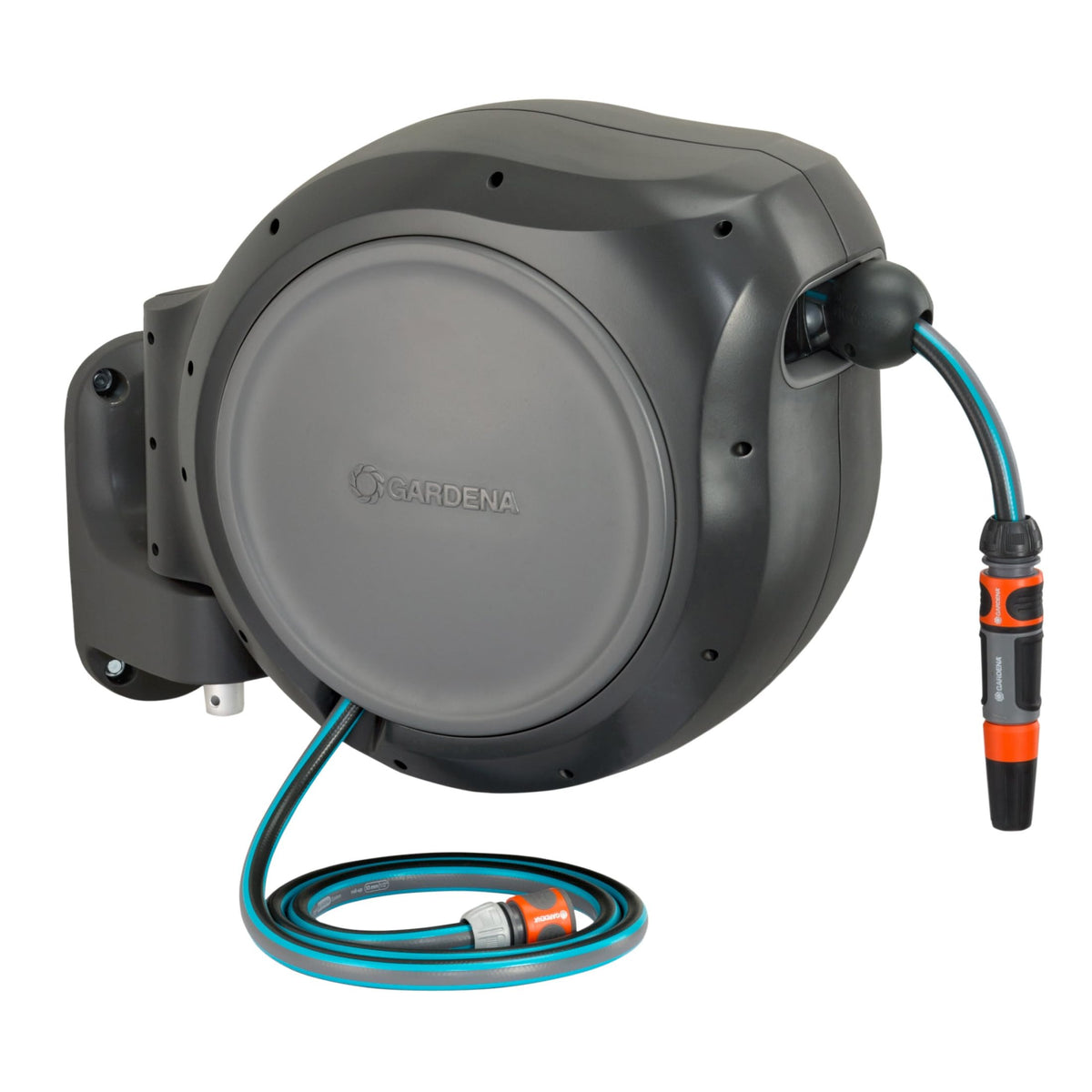 Gardena retractable hose reel mounted on wall bracket for easy watering.