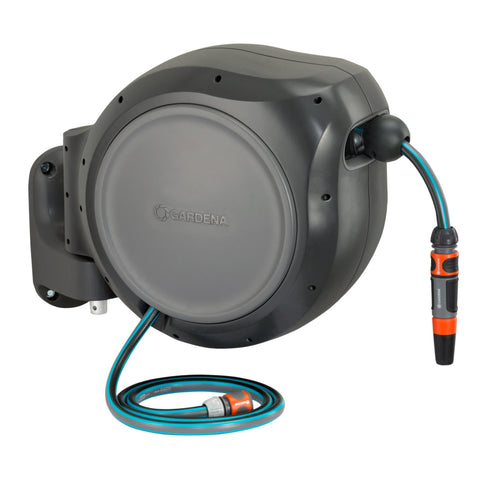 Gardena retractable hose reel mounted on wall bracket for easy watering.