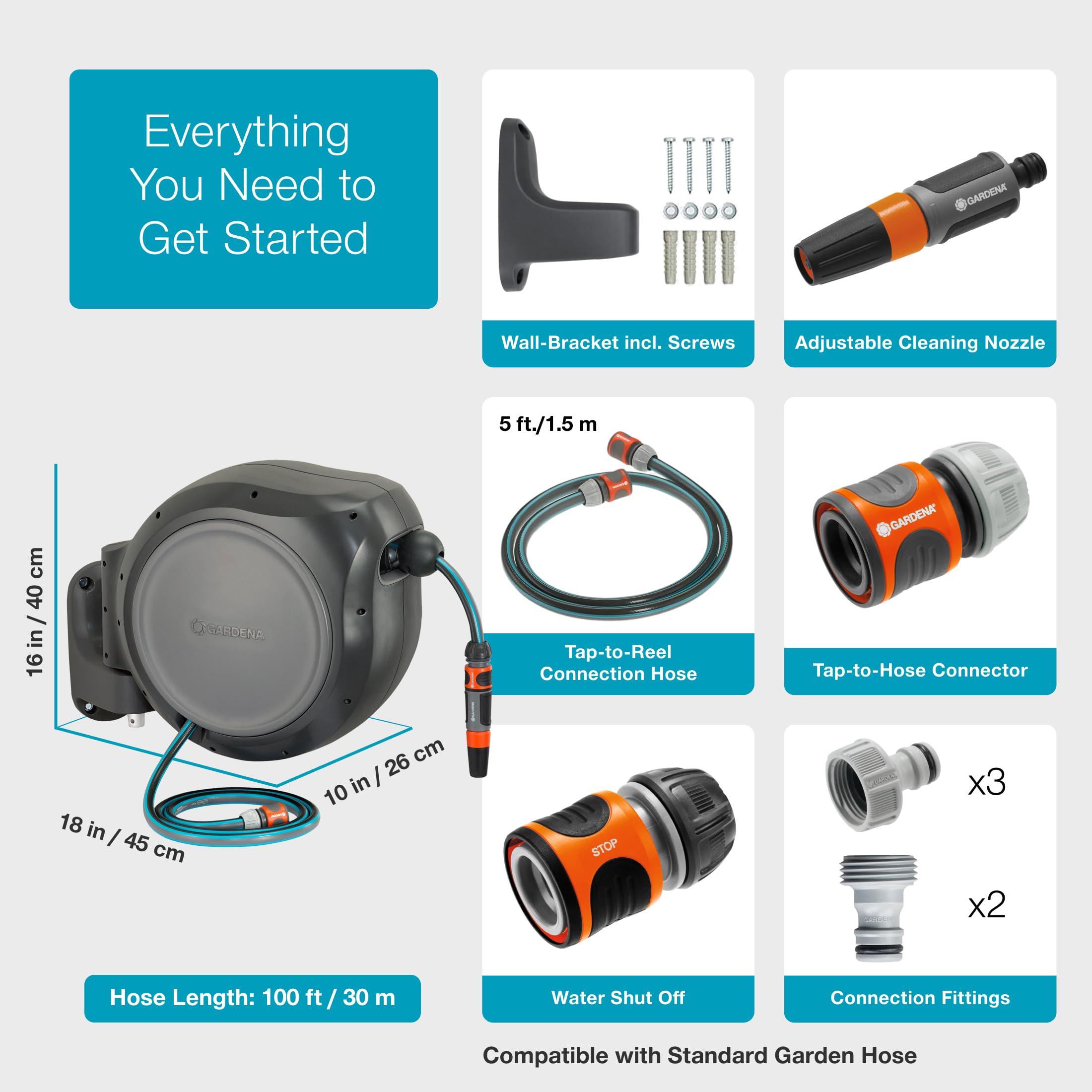 Quick-connect fittings ready for Gardena system setup.