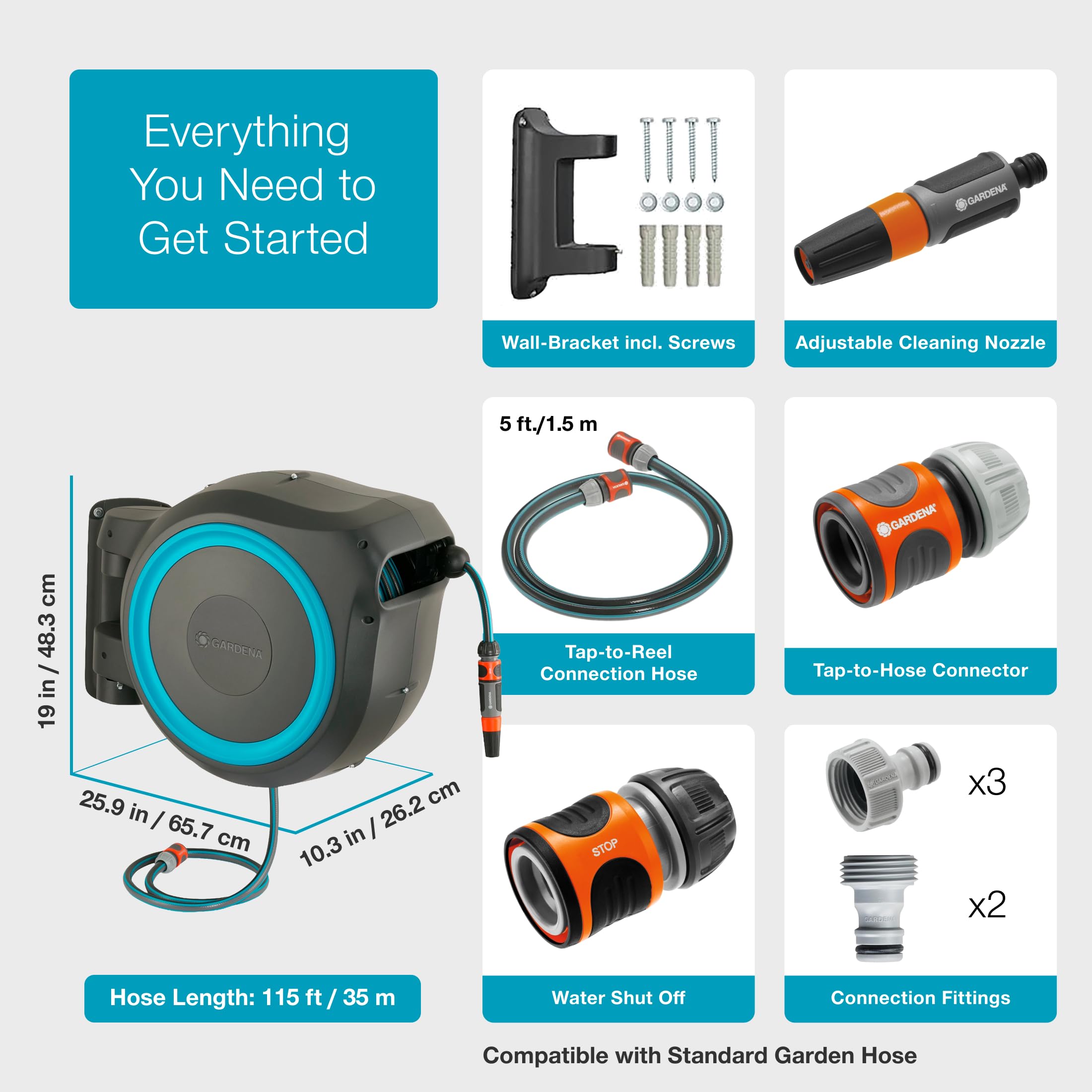 Gardena hose with UV-stabilized materials for long outdoor use.
