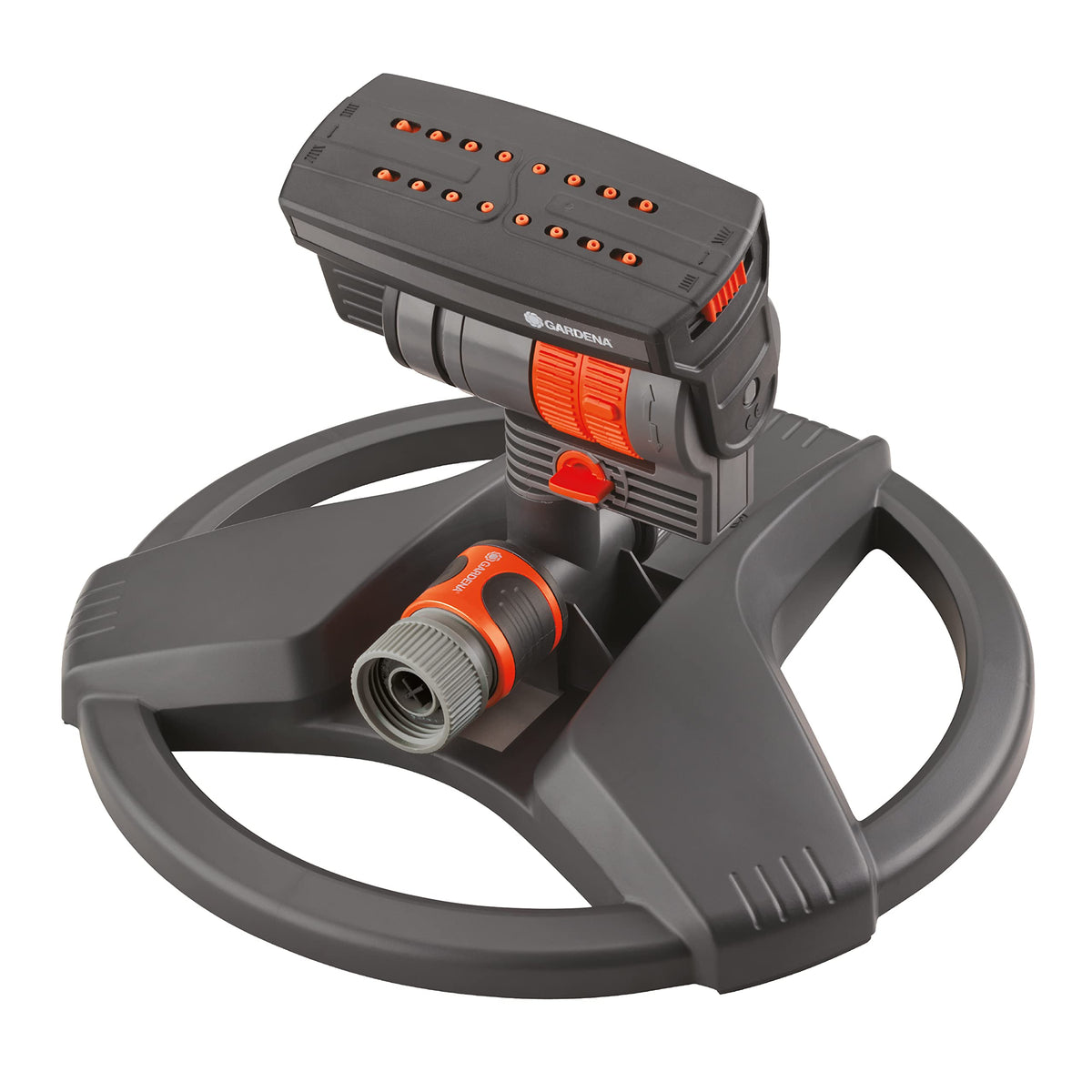 Gardena ZoomMaxx sprinkler base ensuring stable coverage for lawns up to 2300 sq ft