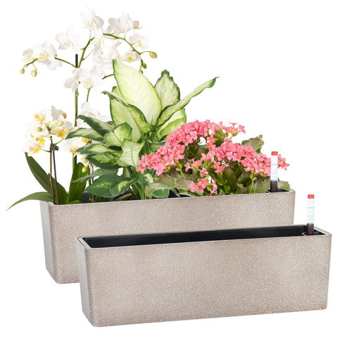 GardenBasix elongated self-watering planter pots coffee finish full view on windowsill for indoor greenery