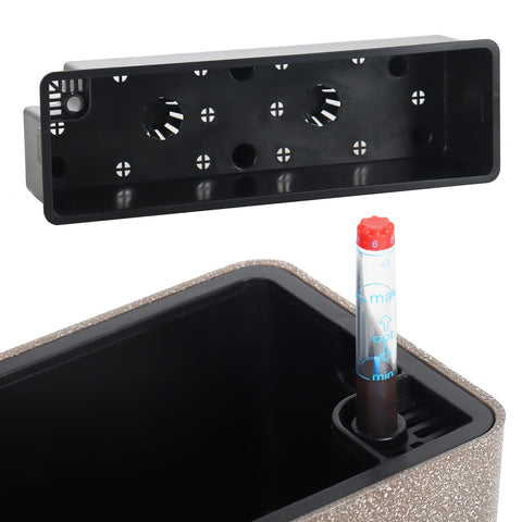 GardenBasix elongated self-watering planter water level indicator close-up shows moisture at a glance