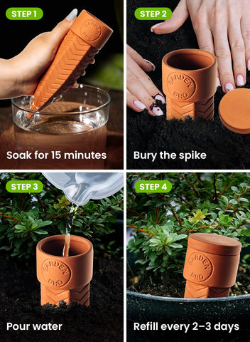 Gardenbro 4pc self-watering spikes pack highlights a gift-ready solution.