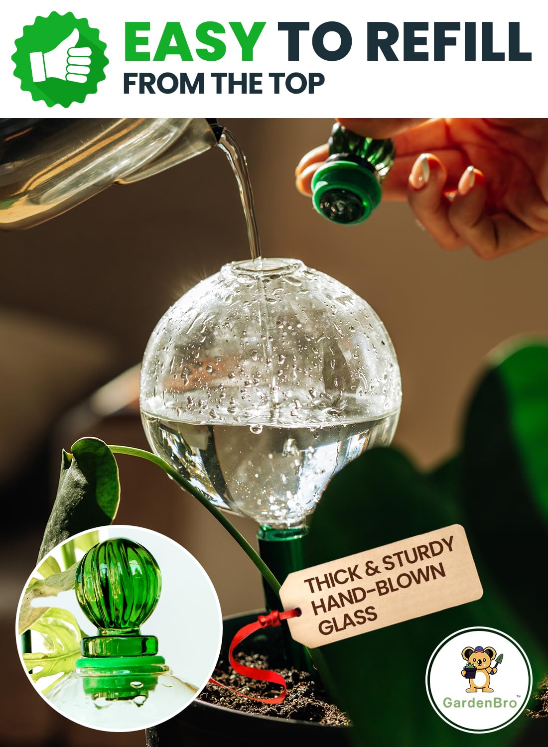 GardenBro indoor plant watering stake ready for quick setup