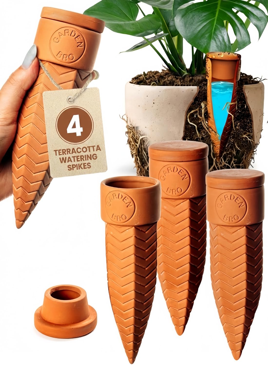 Gardenbro Olla spikes with lid on deliver clean, controlled watering for indoor plants.