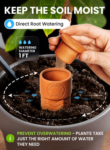 Gardenbro terracotta watering spike assembly demonstrates easy, self-watering setup for containers.