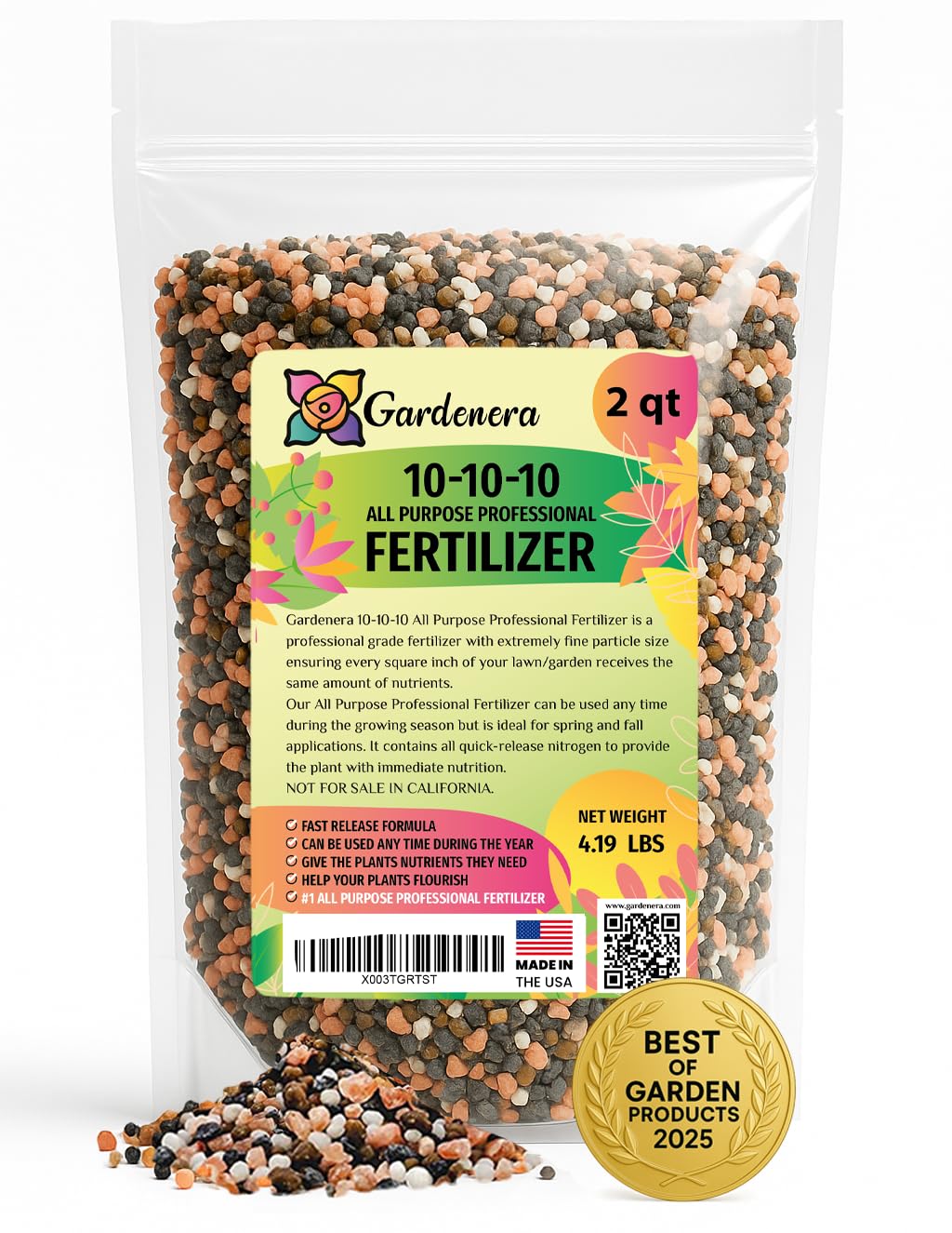 Gardenera 10-10-10 fertilizer bag showing balanced nutrients for all plants.