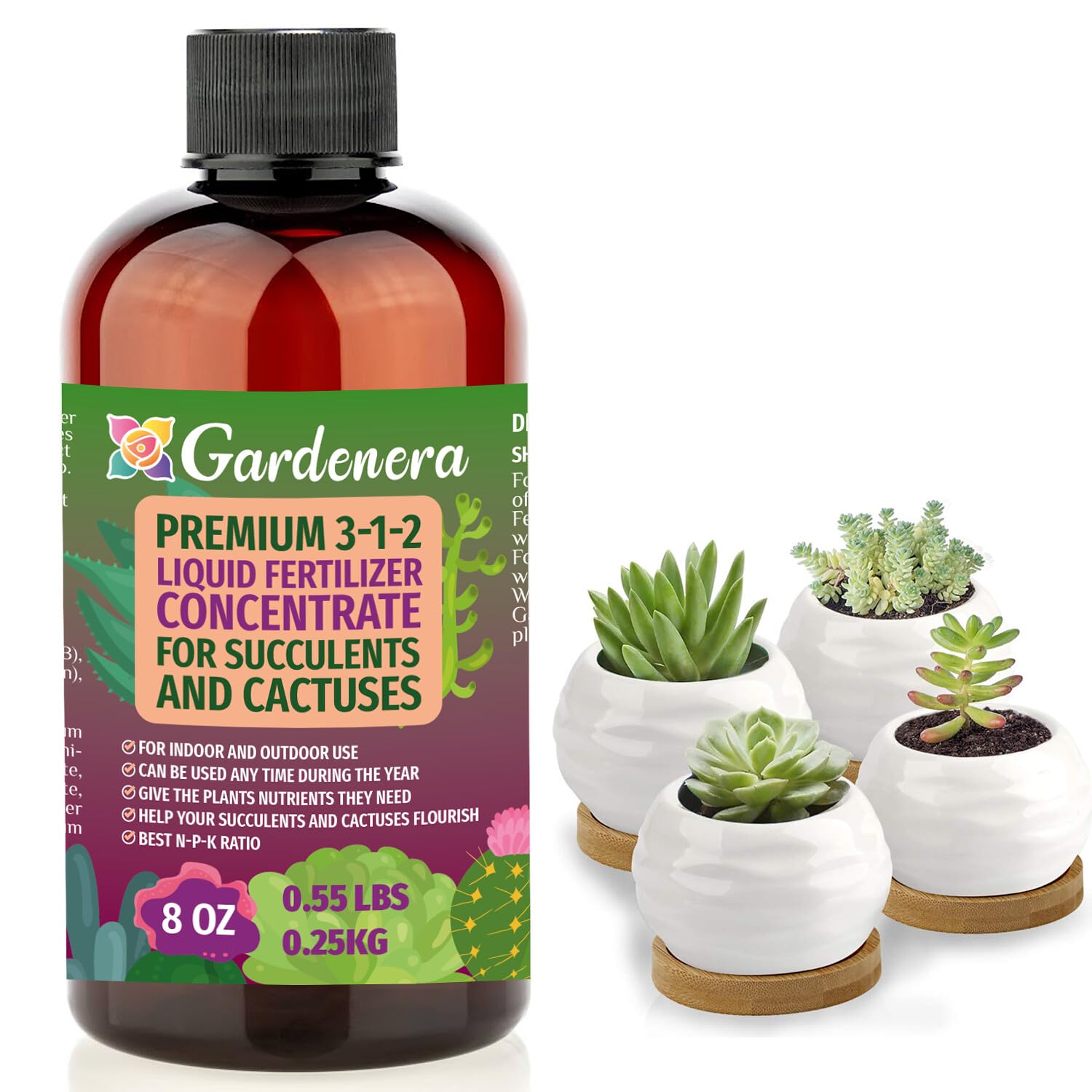 Gardenera 3-1-2 liquid fertilizer bottle boosts succulent growth and vitality.