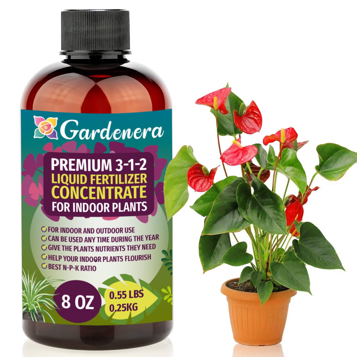 Gardenera 3-1-2 liquid fertilizer bottle shown for consistent plant nourishment.