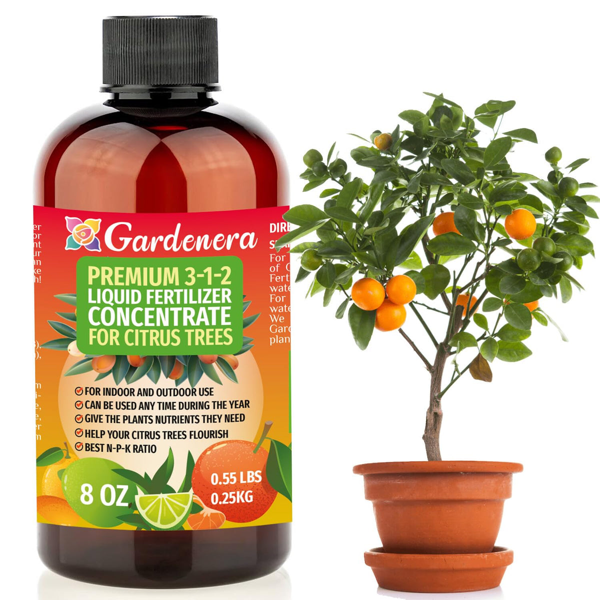 Gardenera 3-1-2 liquid fertilizer bottle enhances indoor citrus nourishment for vibrant growth