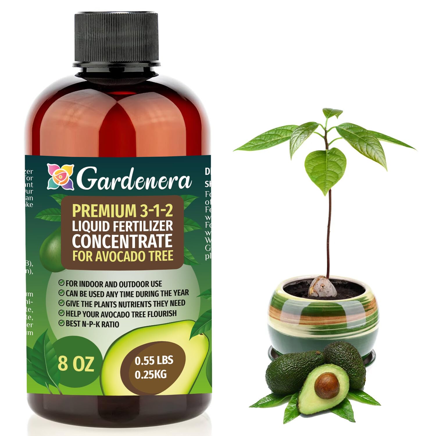 Gardenera 3-1-2 liquid fertilizer bottle for avocado trees supports balanced nutrition.