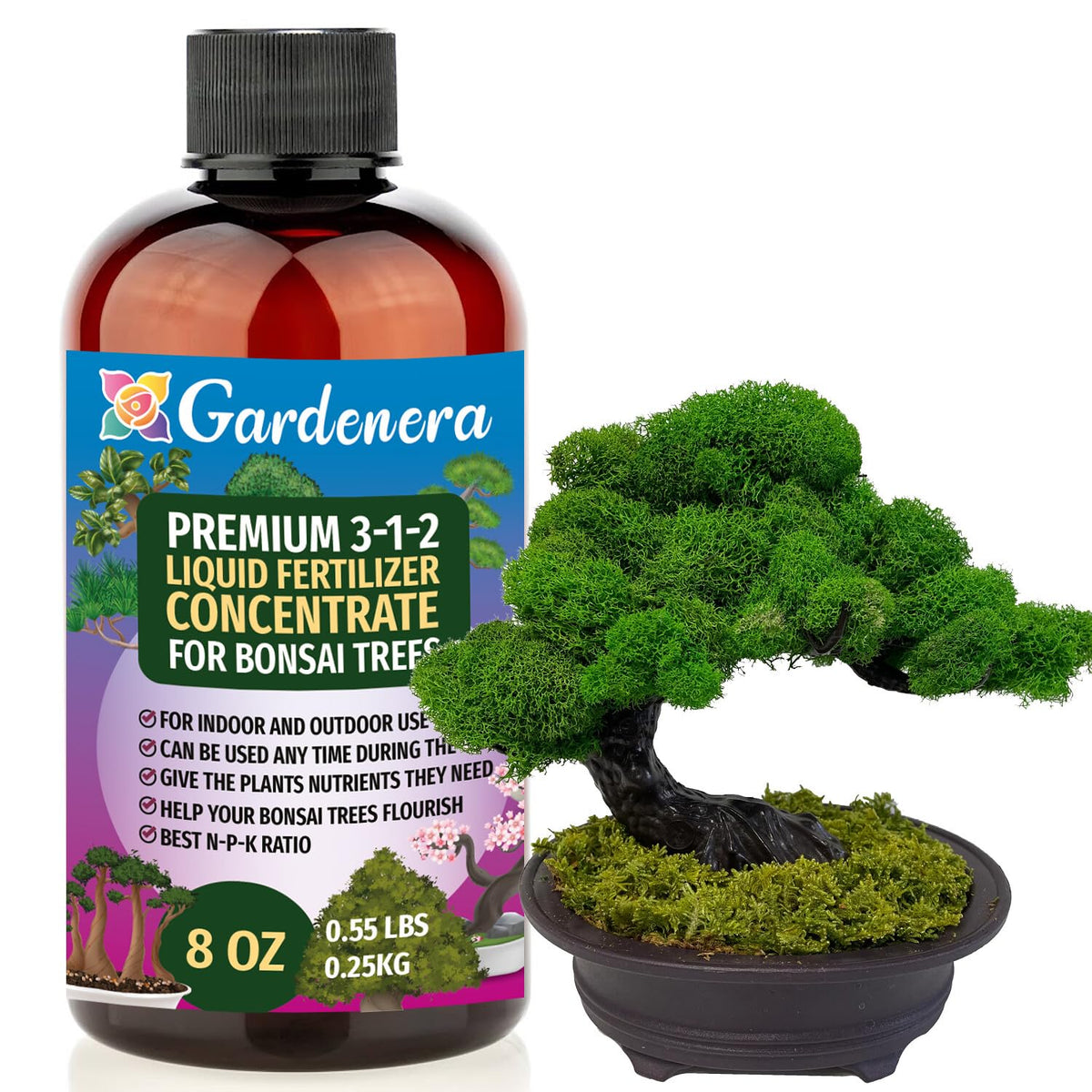 Gardenera bonsai fertilizer concentrate bottle pouring for balanced feeding