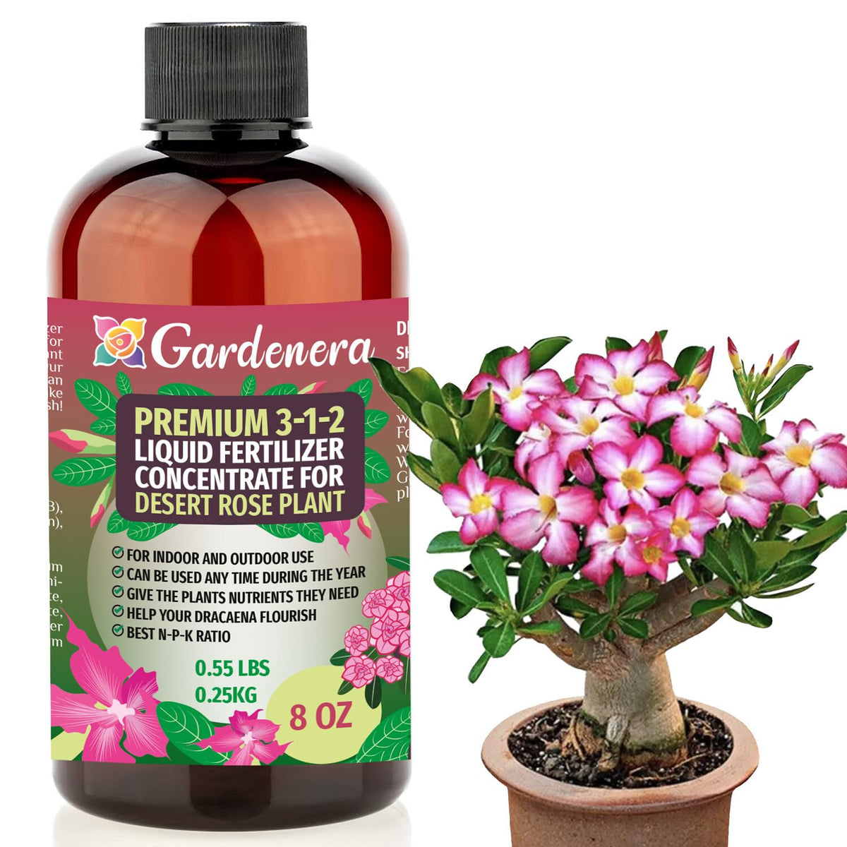 Gardenera Desert Rose 3-1-2 concentrate bottle for balanced indoor feeding
