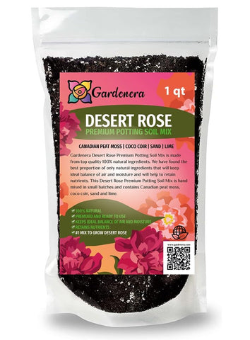 Gardenera Desert Rose potting soil bag highlighting balanced nutrients for thriving containers.